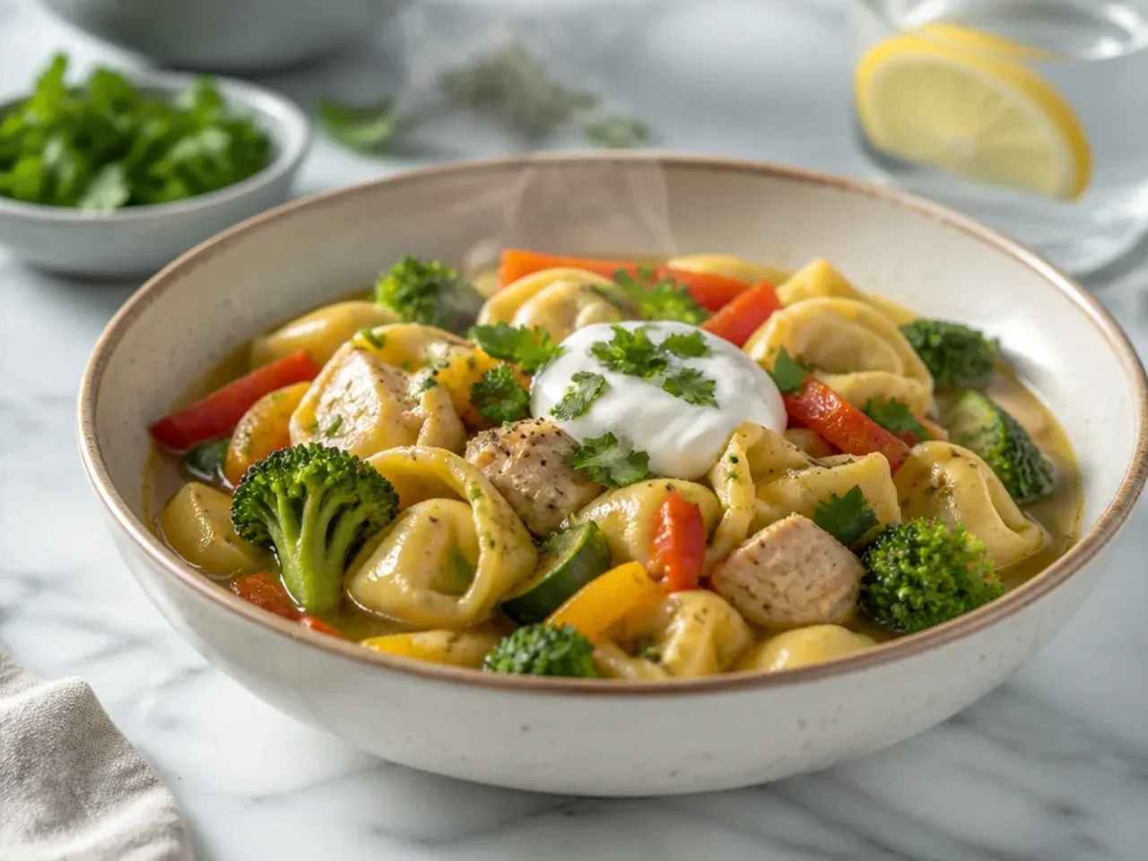One-pot chicken tortellini primavera with colourful vegetables