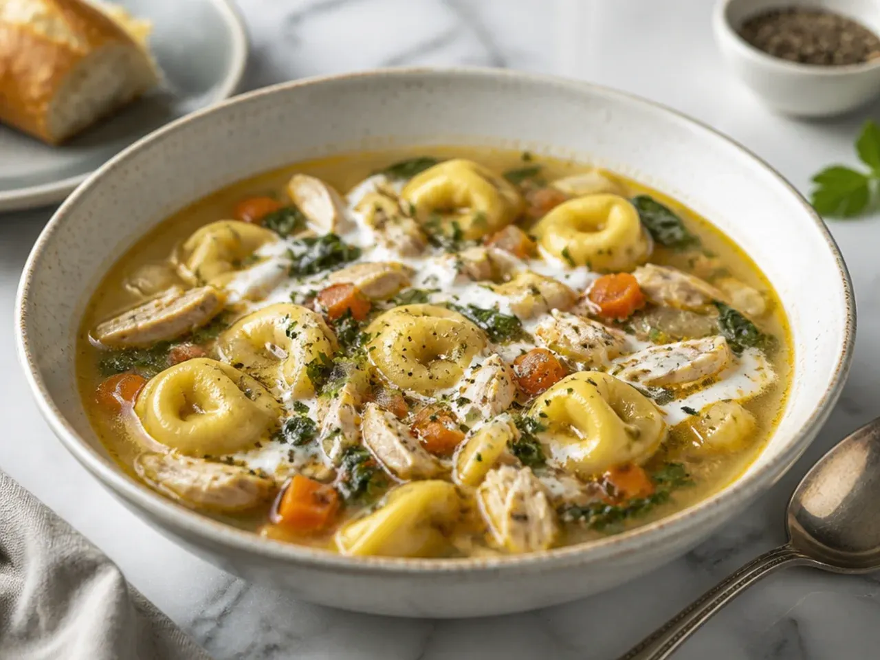 Clear broth chicken tortellini en brodo in a white bowl