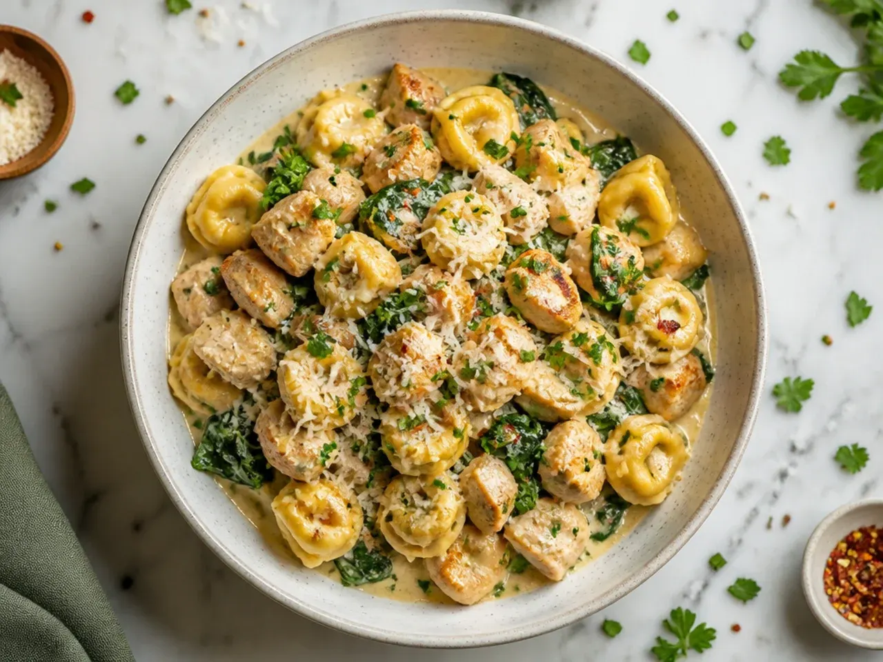 Single skillet of easy chicken tortellini with creamy sauce