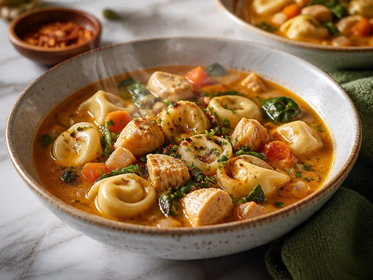 Hearty chicken tortellini stew with potatoes and beans in a deep bowl