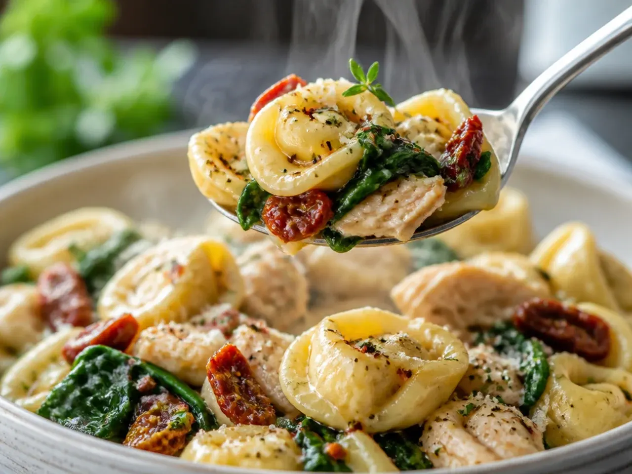 Chicken tortellini with wilted spinach and sun-dried tomatoes in cream sauce