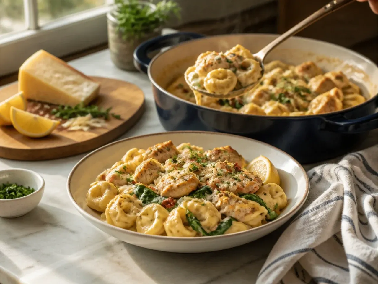 Creamy chicken tortellini bake with melted mozzarella topping