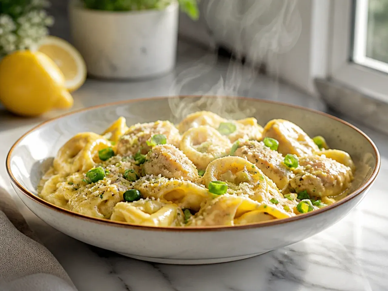 Lemon chicken tortellini garnished with lemon zest and rocket