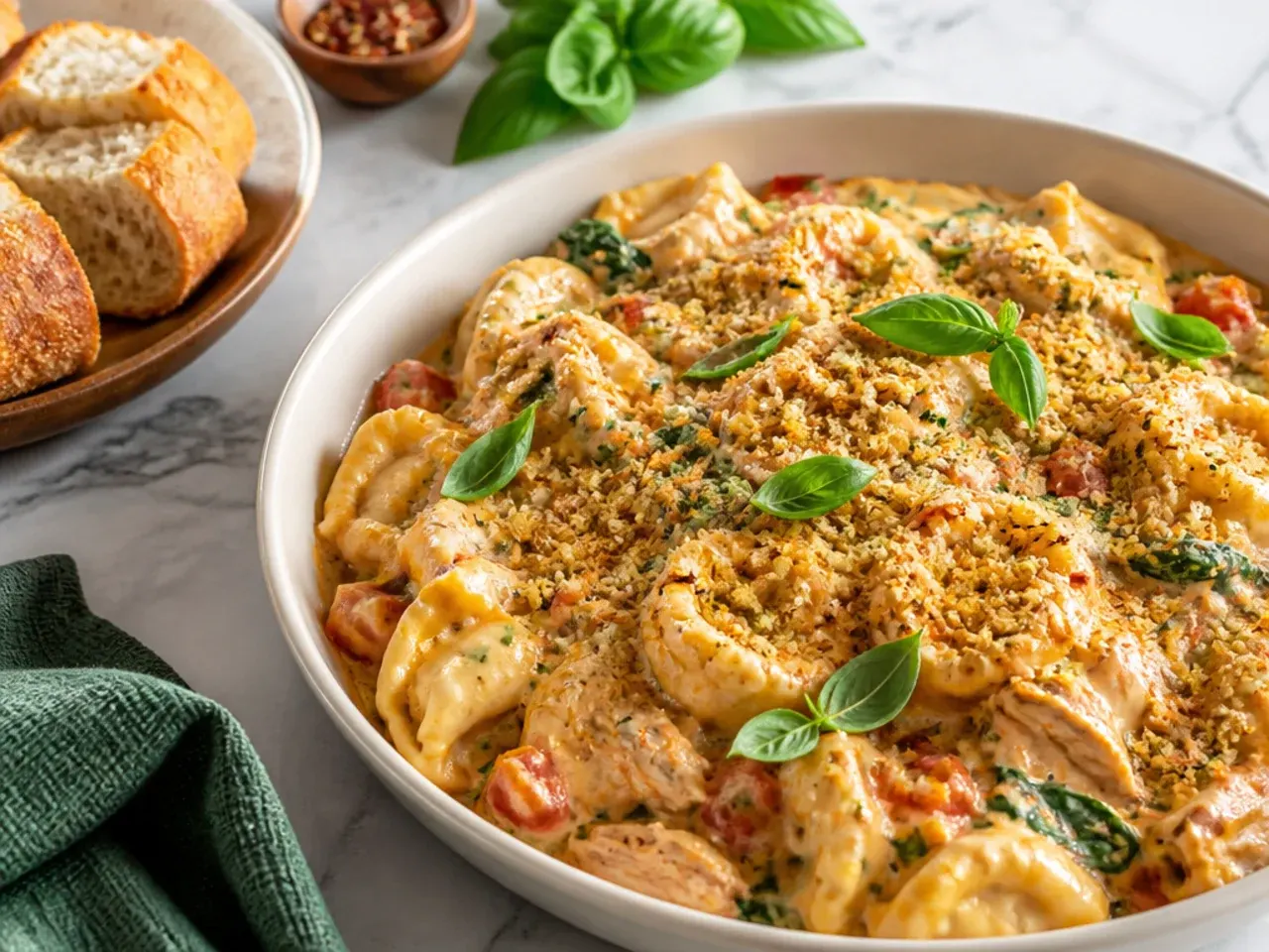 Cheesy chicken tortellini casserole with golden bubbling cheese top