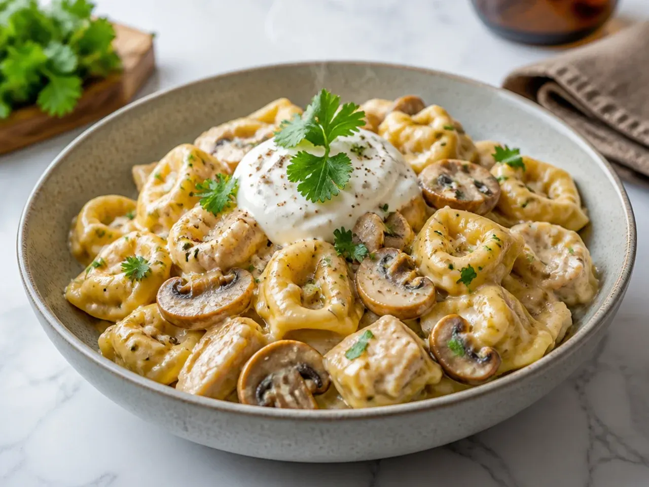 Chicken and mushroom tortellini in creamy thyme sauce