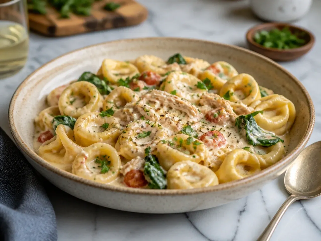 Rotisserie chicken tortellini in a quick creamy sauce