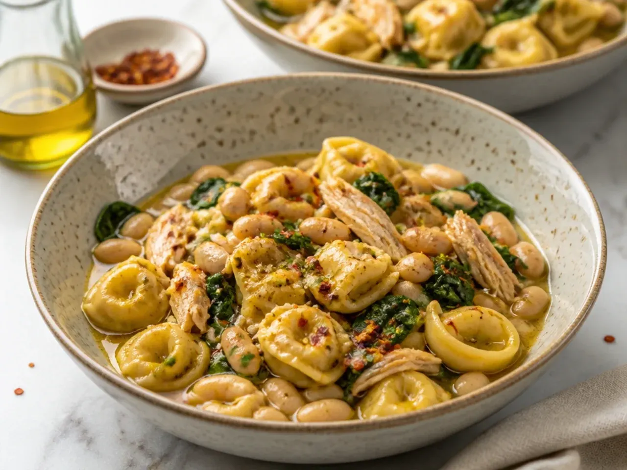 Rustic chicken tortellini with white beans and rosemary in a pot