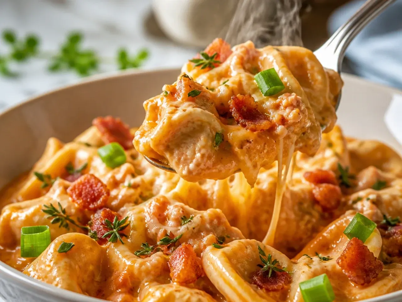 Buffalo chicken tortellini topped with blue cheese crumbles