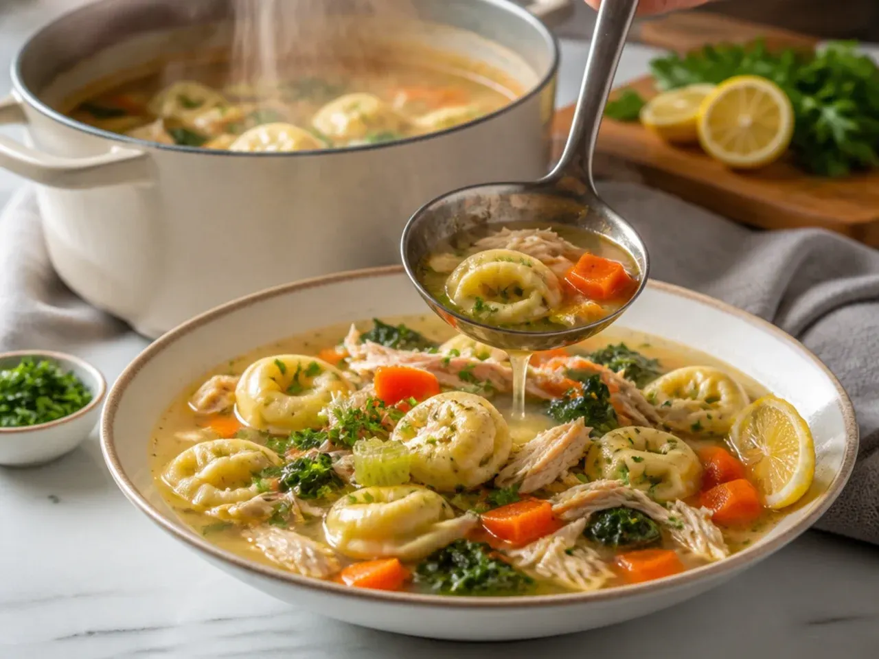 Bowl of family chicken tortellini soup loaded with vegetables