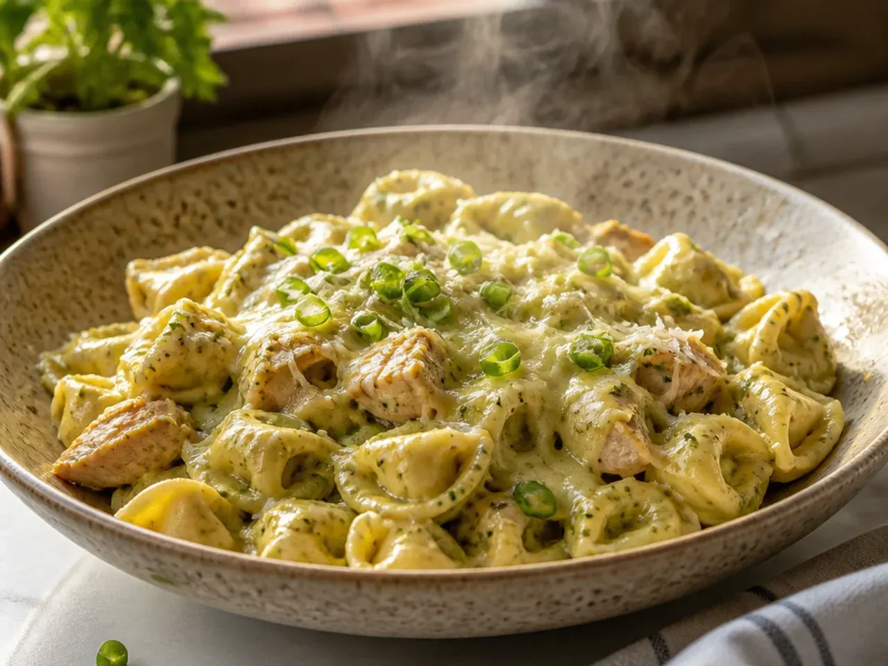 Pesto chicken tortellini topped with cherry tomatoes and pine nuts
