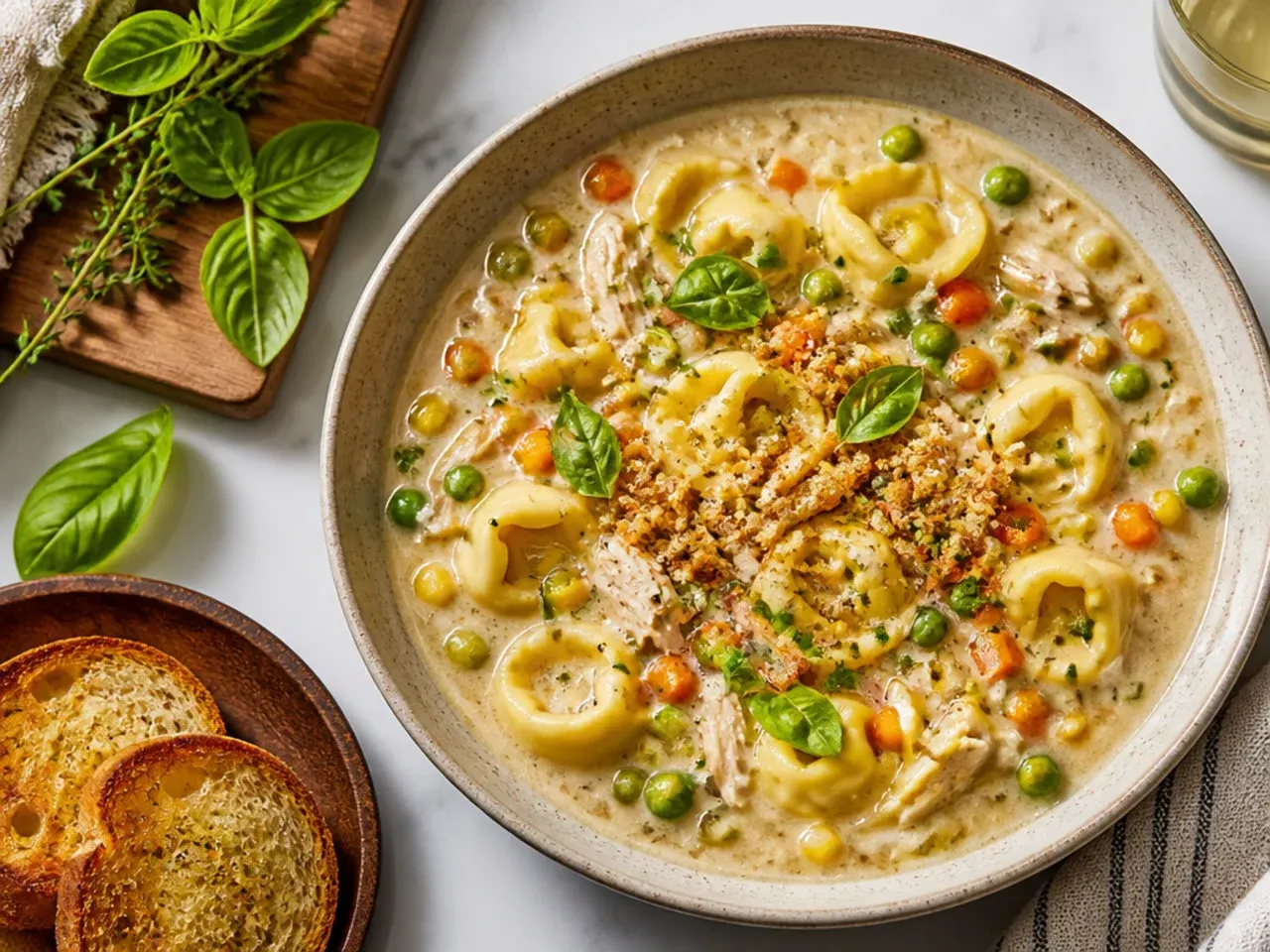 Thick chicken tortellini chowder with potatoes and sweetcorn in a bowl