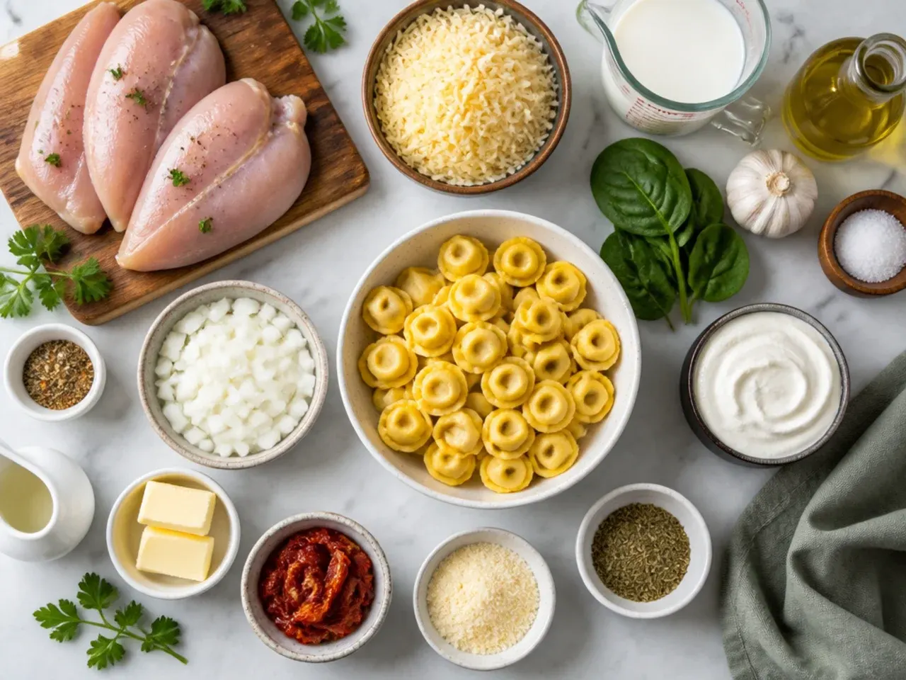 Hands stirring a pot of chicken tortellini with a wooden spoon