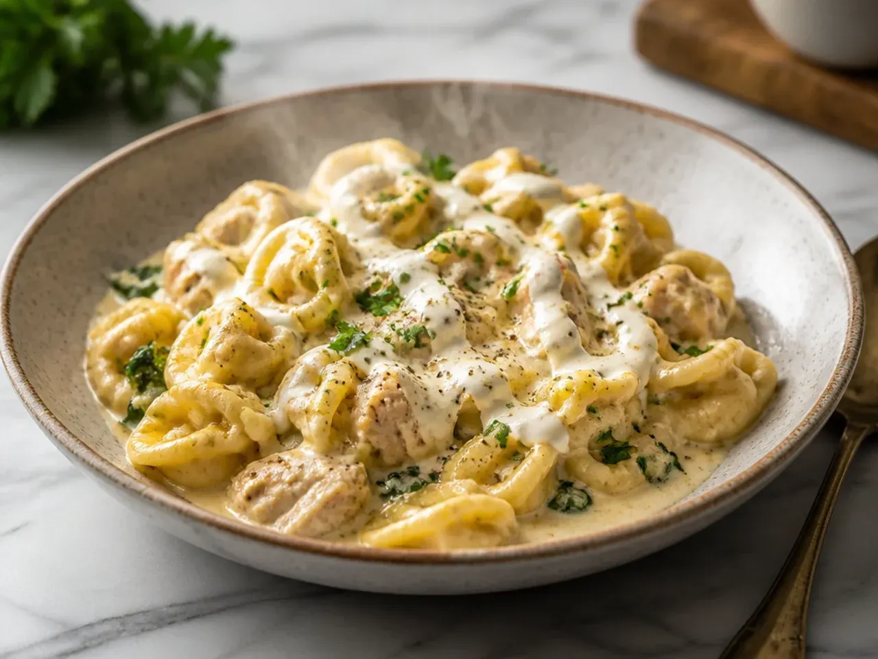 Chicken tortellini served with garlic bread and a green salad