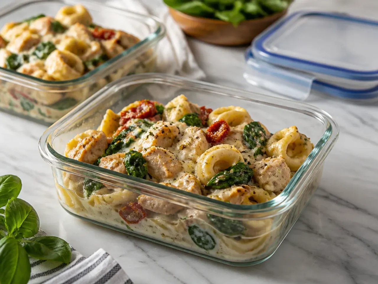 Container of leftover chicken tortellini being reheated in a pan