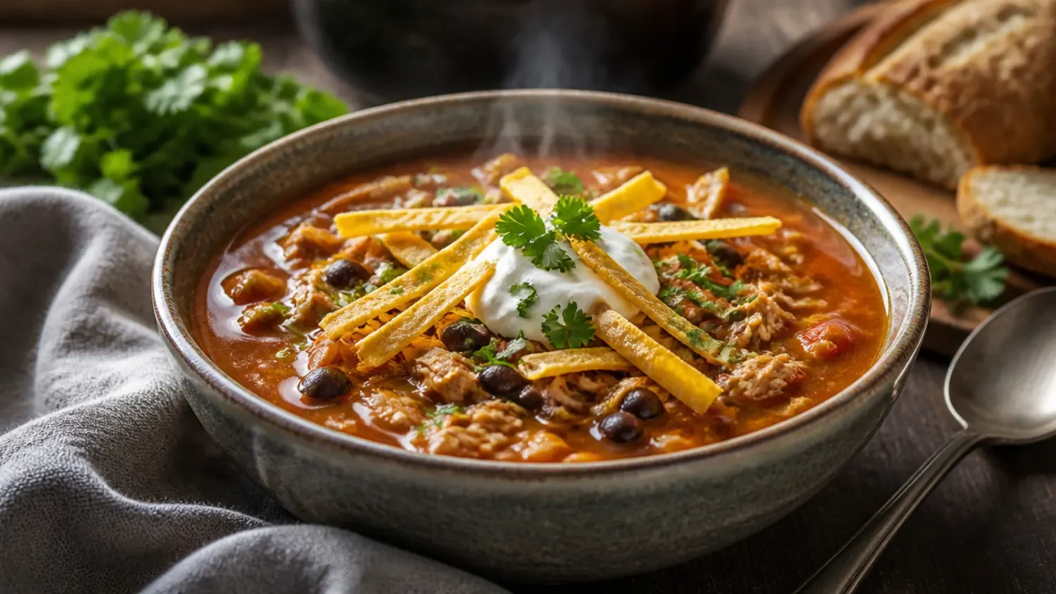 A bowl of chicken tortilla soup crock pot style, topped with crispy tortilla strips, avocado, cheese and coriander