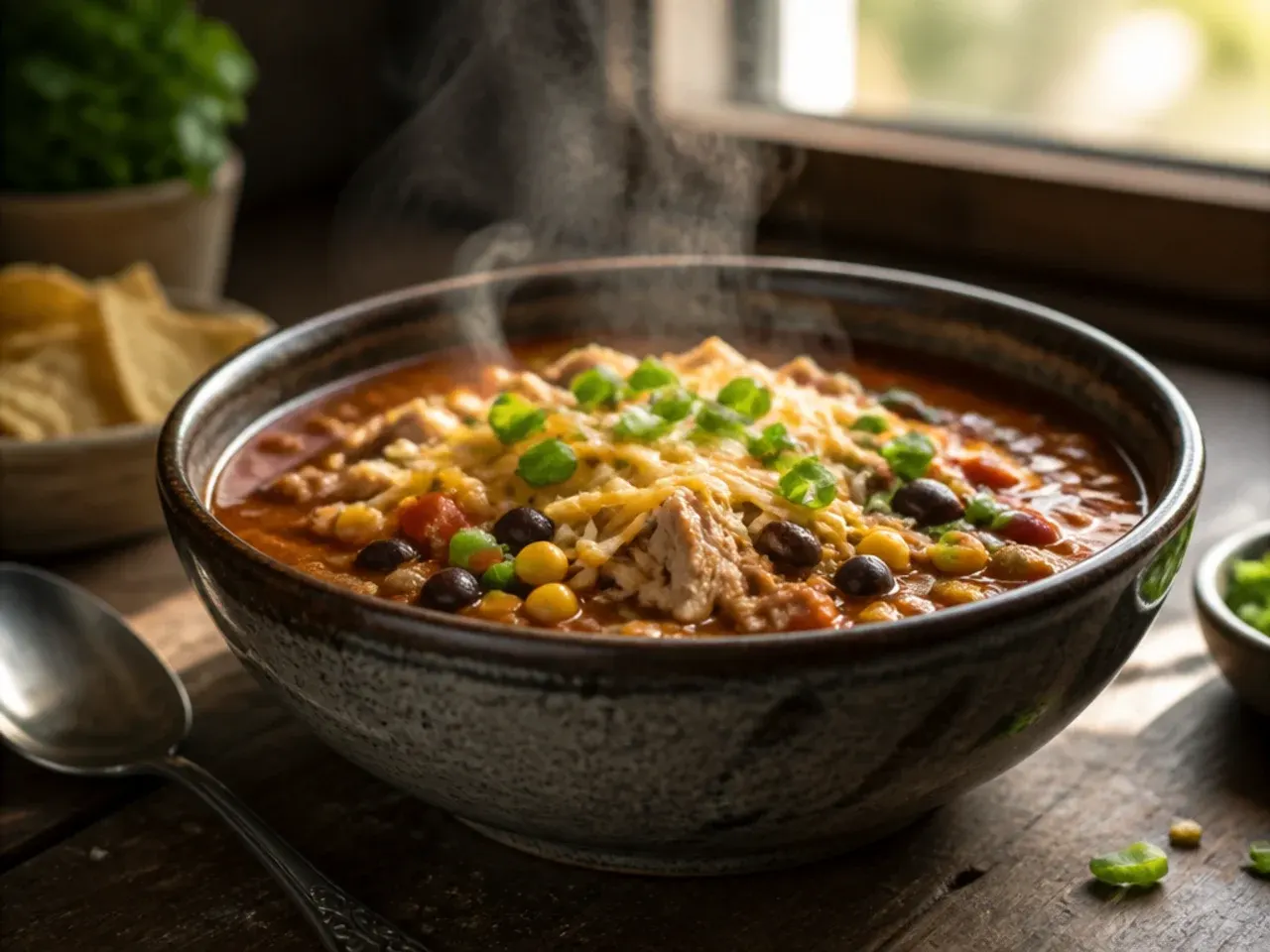 Slow cooker with the lid closed, steam gently escaping around the edge