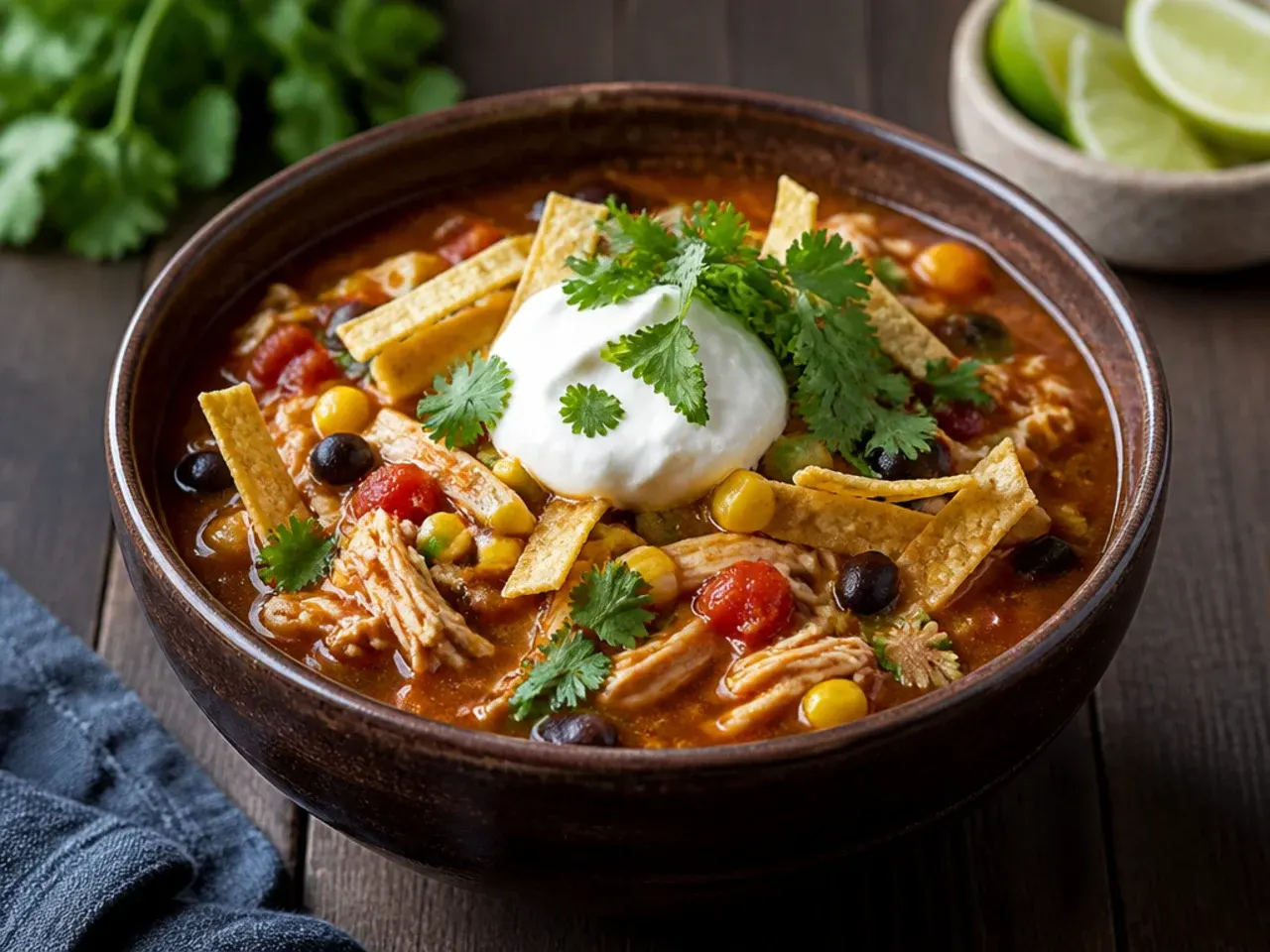 A hand adding a pinch of salt to a pot of finished tortilla soup