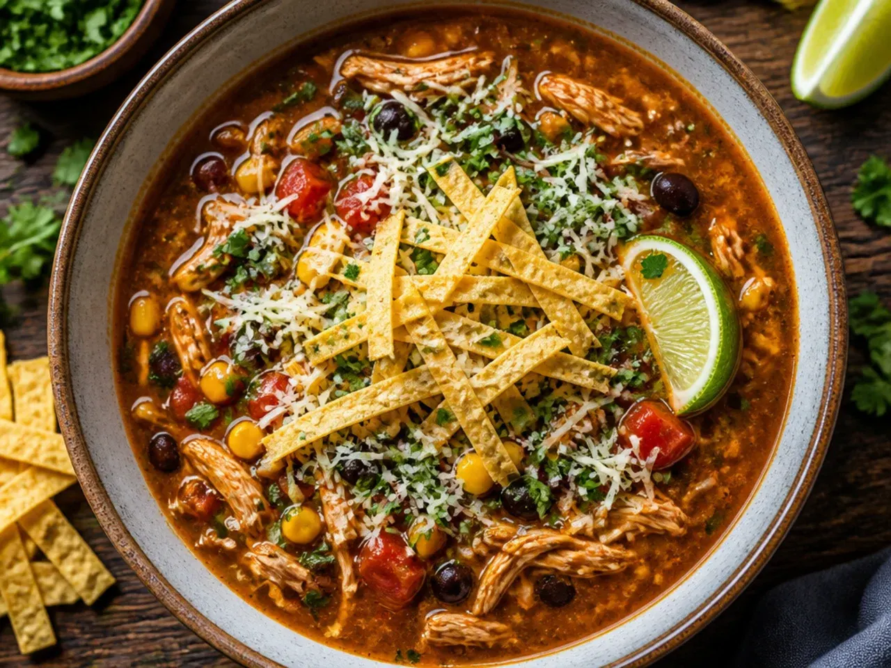 Fat being skimmed off the surface of simmering chicken tortilla soup with a spoon