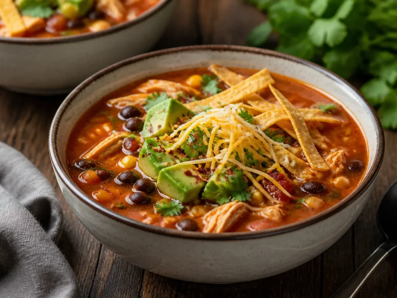 Enchilada sauce being poured into the slow cooker alongside salsa