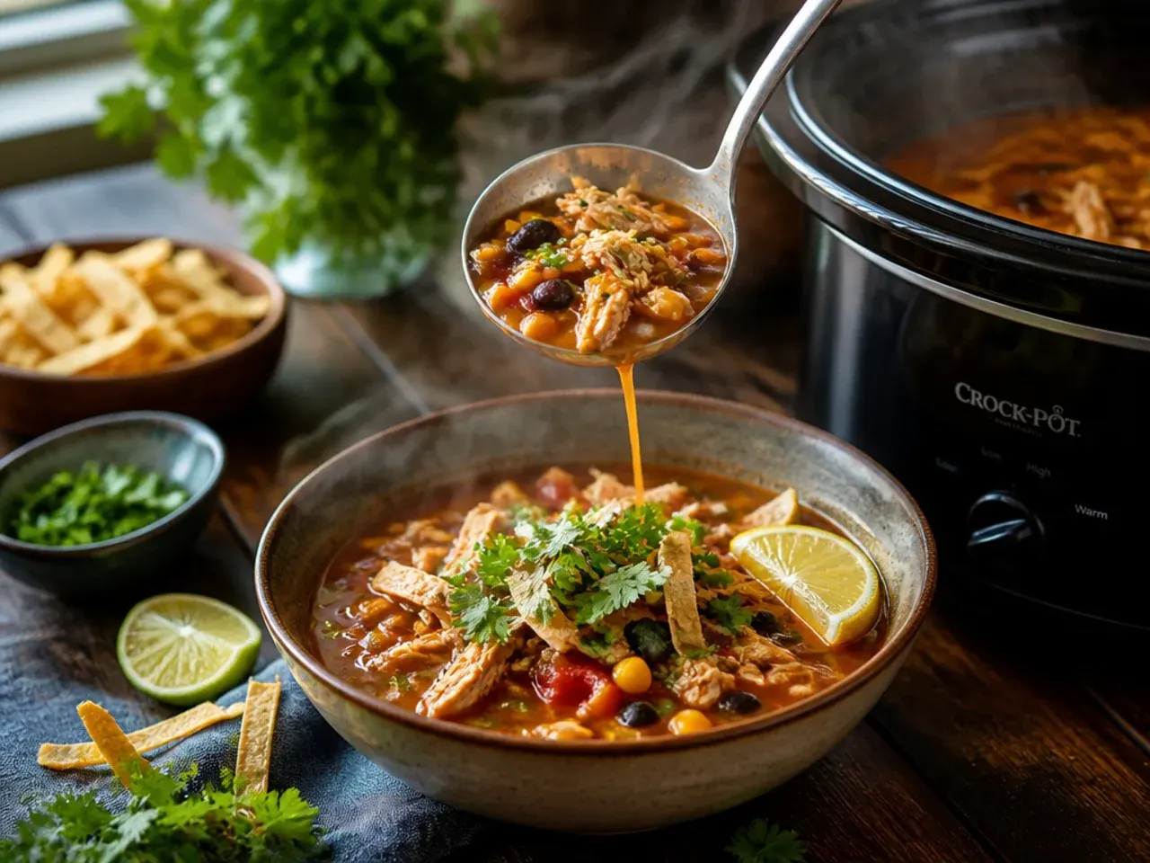 Cornstarch slurry being stirred into a pot of chicken tortilla soup