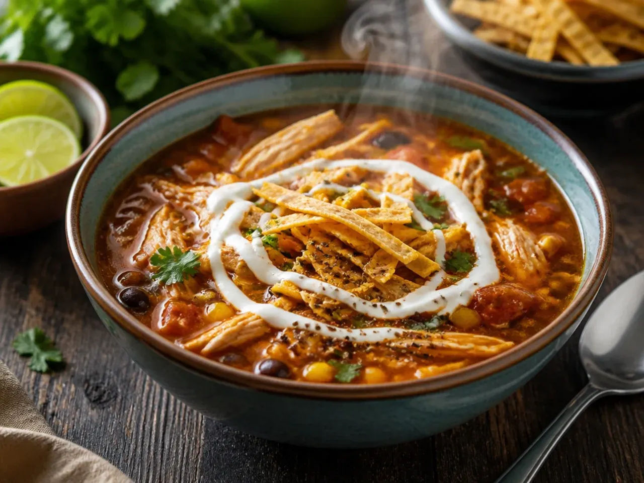 A slow cooker filled to roughly two-thirds capacity with chicken tortilla soup ingredients