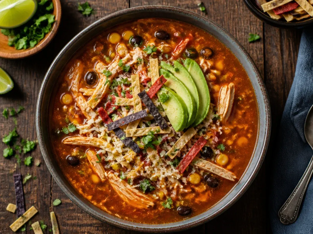 Shredded rotisserie chicken being added to a pot of simmering tortilla soup