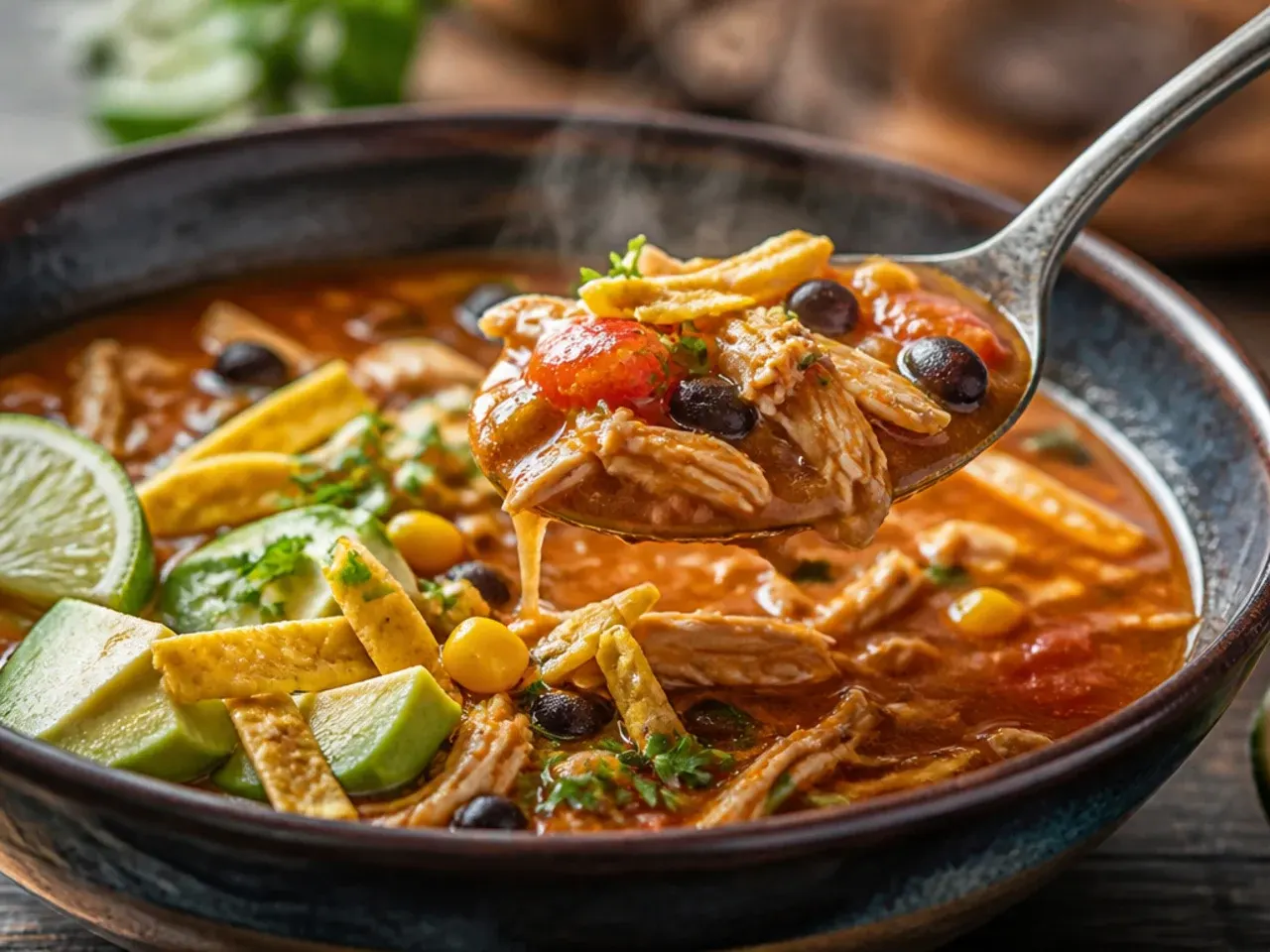 Leftover chicken tortilla soup being reheated in a saucepan on the stovetop