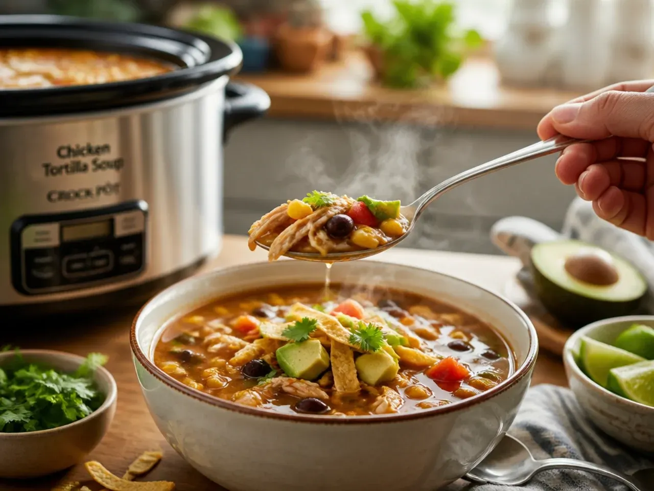 A finished bowl of chicken tortilla soup crock pot style ready to serve with all the toppings