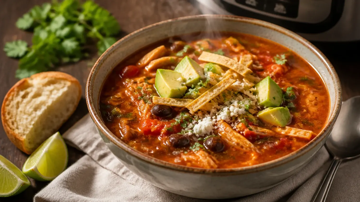 A bowl of chicken tortilla soup made in the Instant Pot, topped with crushed tortilla chips, avocado, cheese and fresh coriander