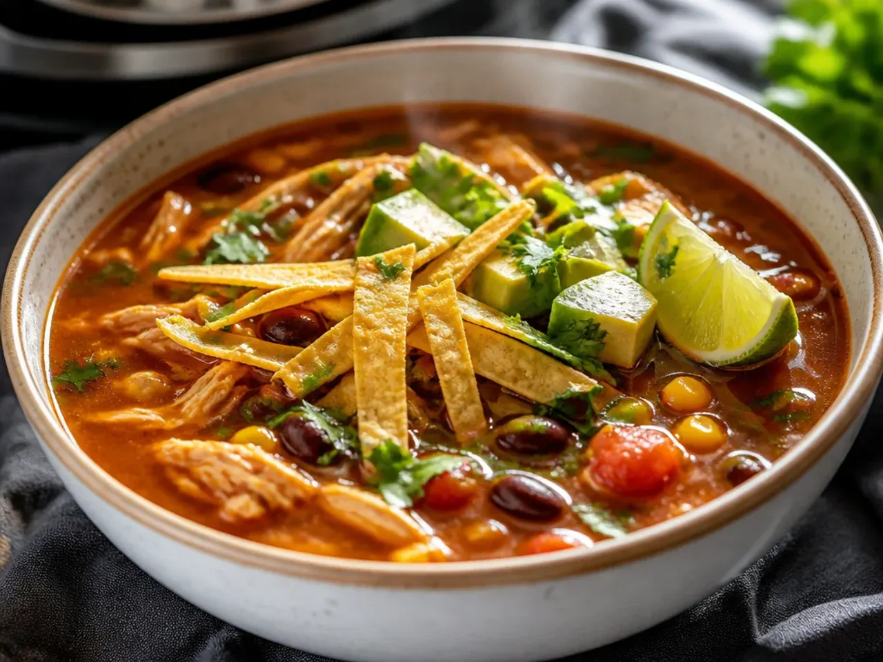 Overhead shot of a pot of chicken tortilla soup surrounded by lime wedges, tortilla chips and fresh coriander