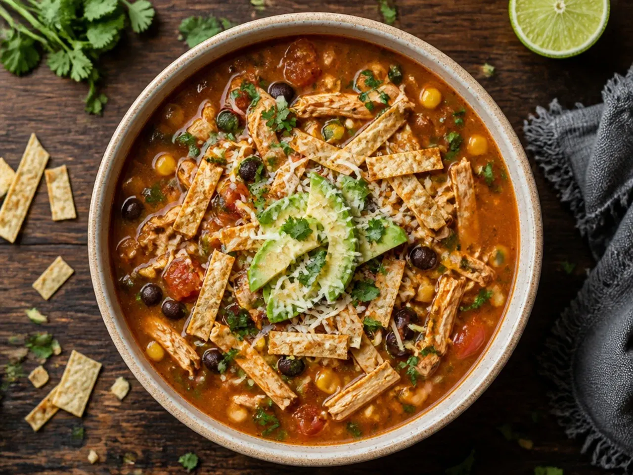 Classic chicken tortilla soup in a white bowl topped with tortilla strips and cheese