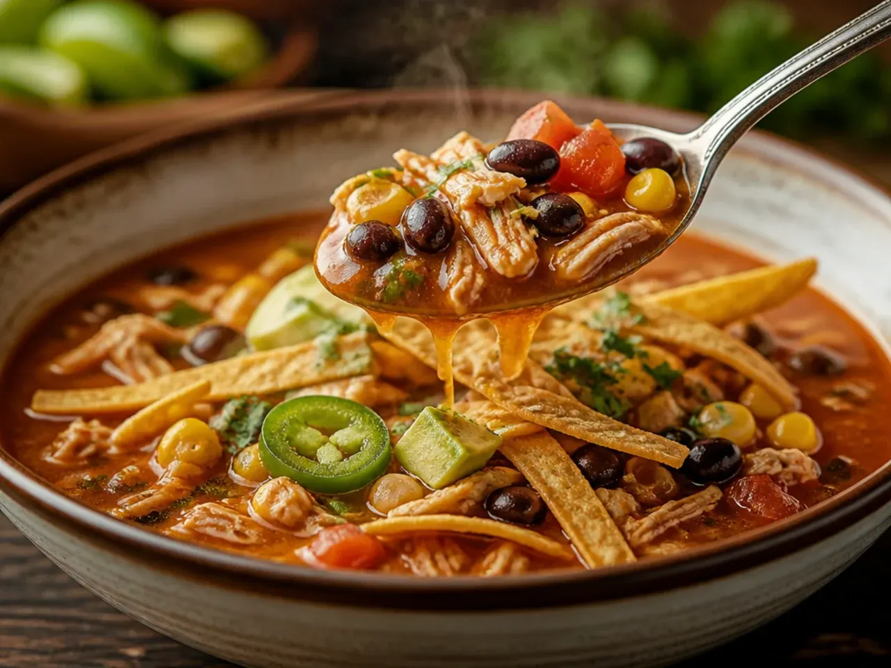 A hearty bowl of chicken tortilla soup loaded with beans, peppers and courgette
