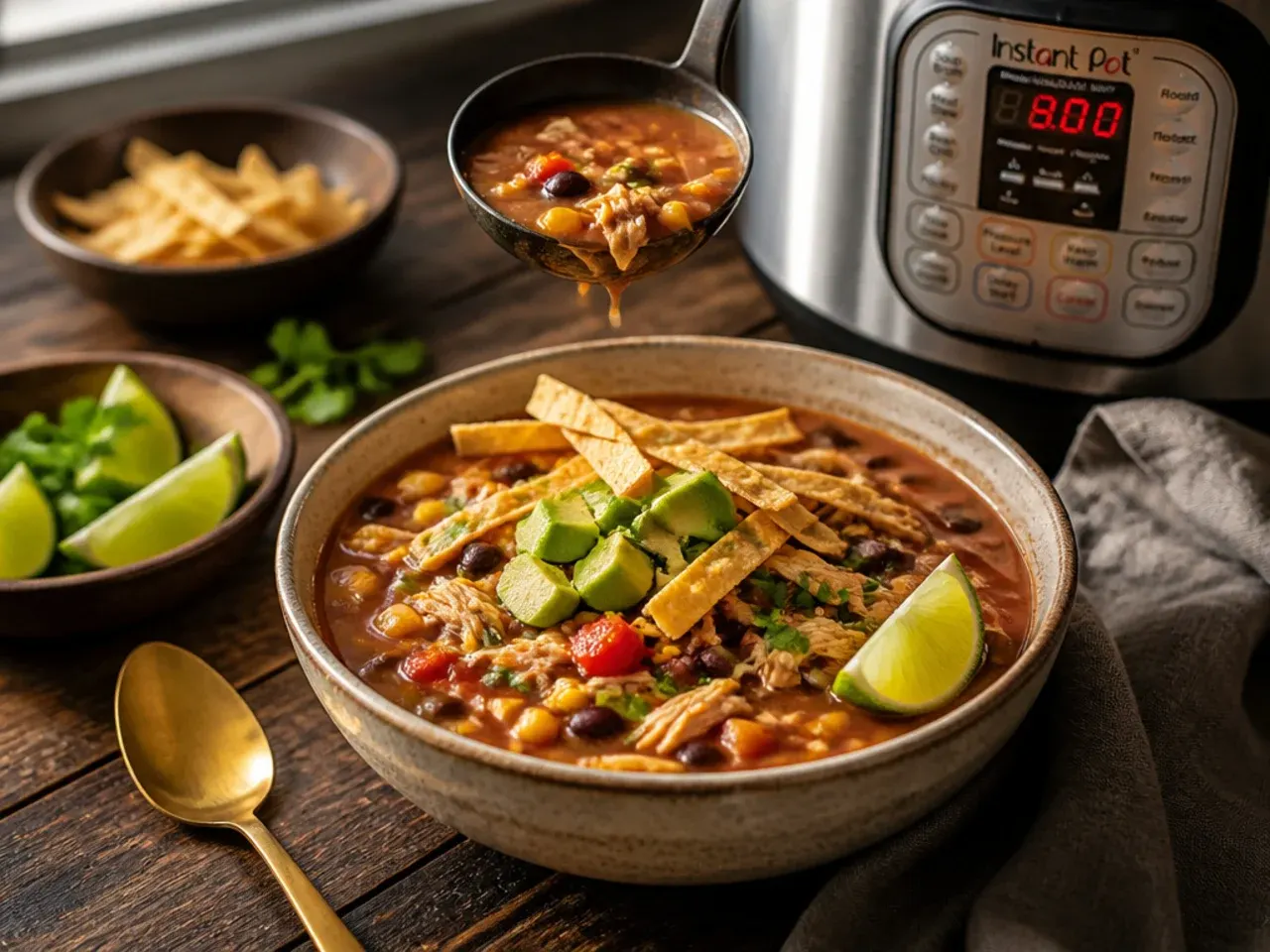 Steam rising from a deep bowl of cozy chicken tortilla soup with melted cheese