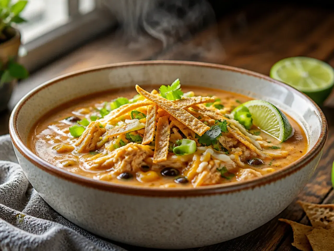 Creamy chicken tortilla soup with a swirl of cream and avocado slices on top