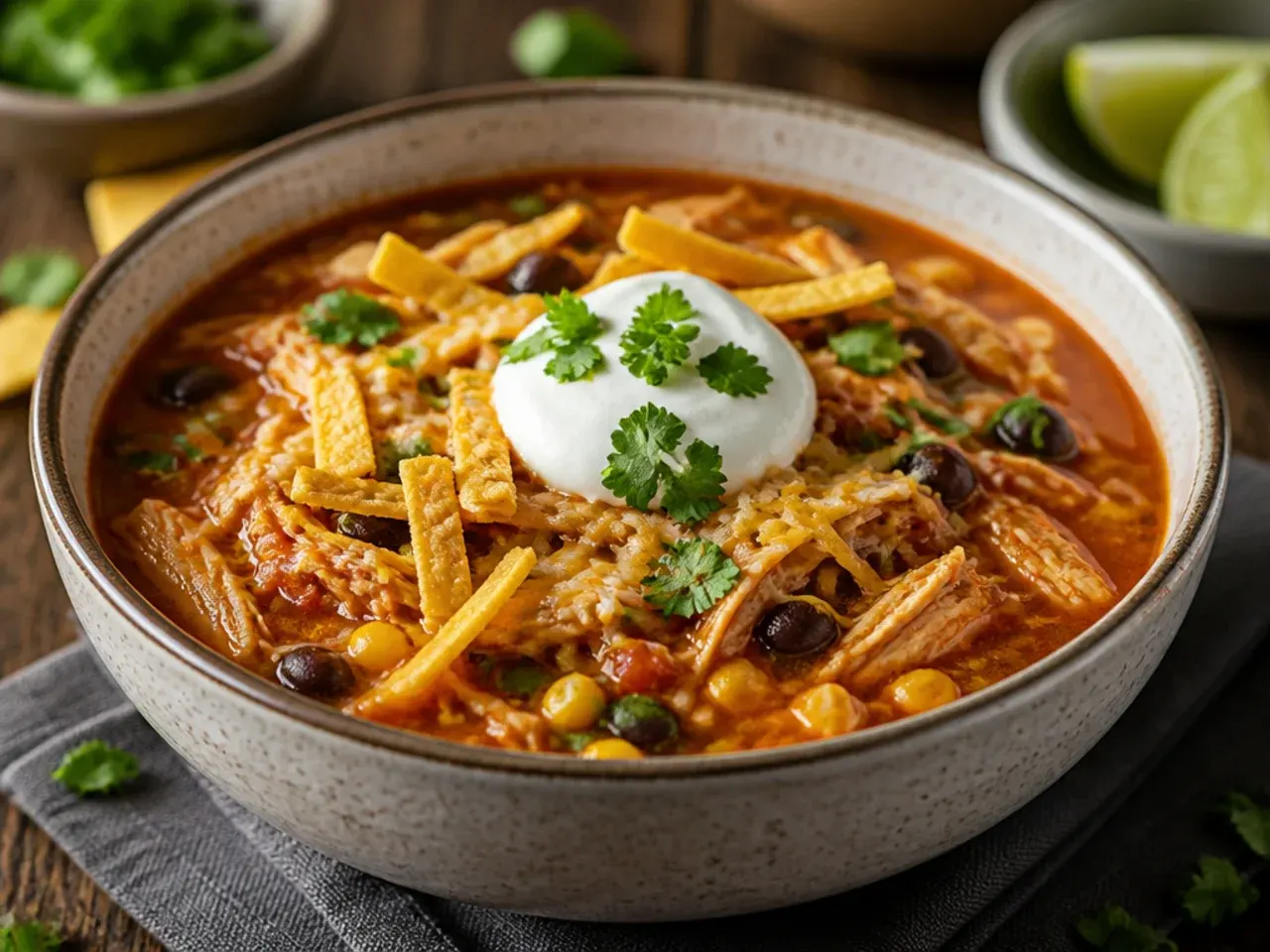 Melted cheese stirred into a pot of chicken tortilla soup