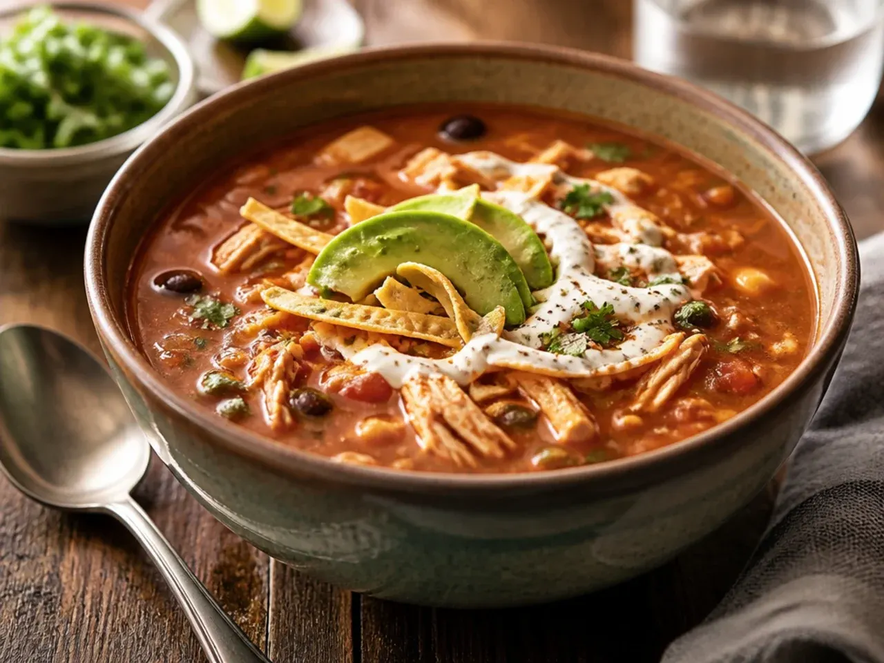 Tender shredded chicken thighs in a bowl of comforting tortilla soup
