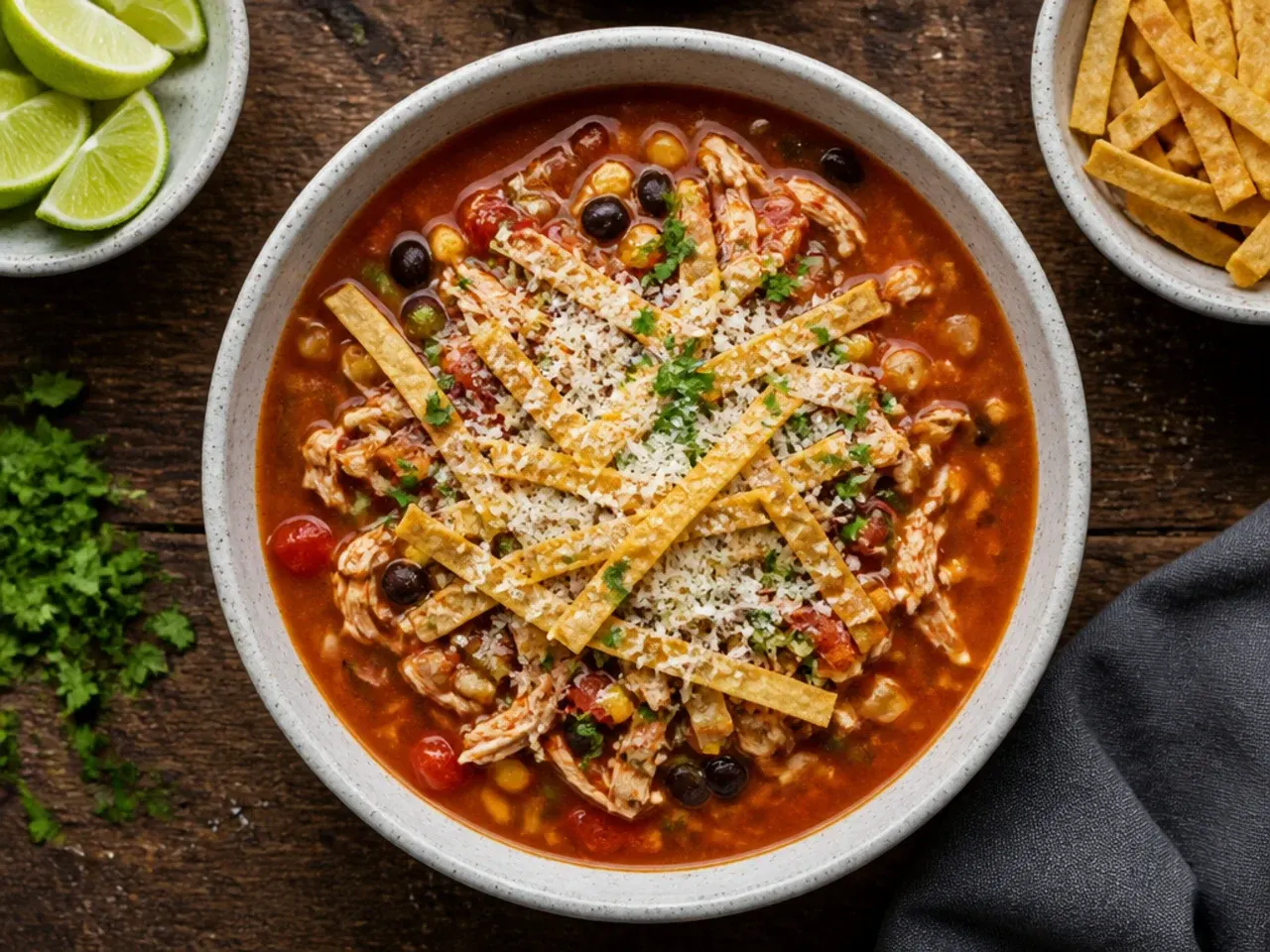 Canned pantry ingredients for budget chicken tortilla soup arranged on a counter