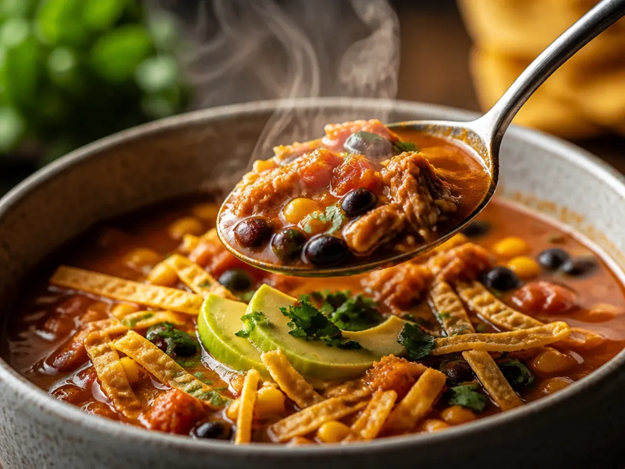 Rustic chicken tortilla soup with hand-torn tortilla pieces and charred corn