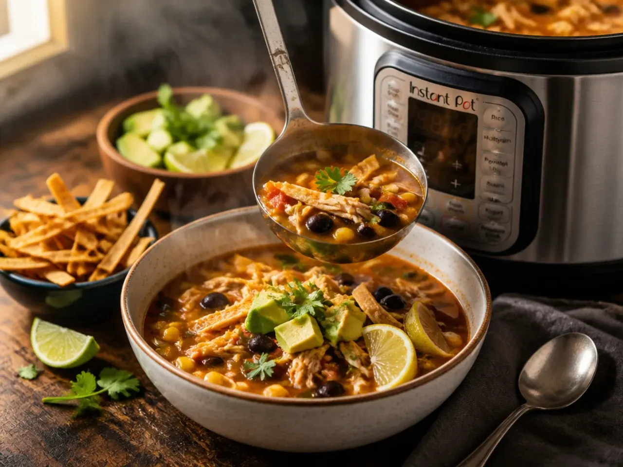 A topping bar of avocado, cheese, chips and lime next to bowls of chicken tortilla soup