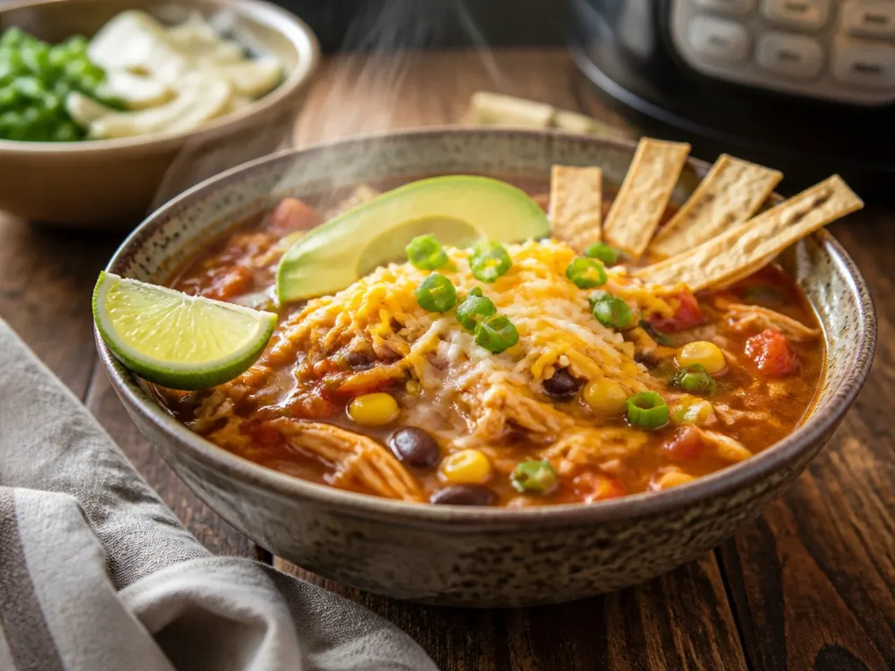 A family-sized pot of mild chicken tortilla soup served in several bowls