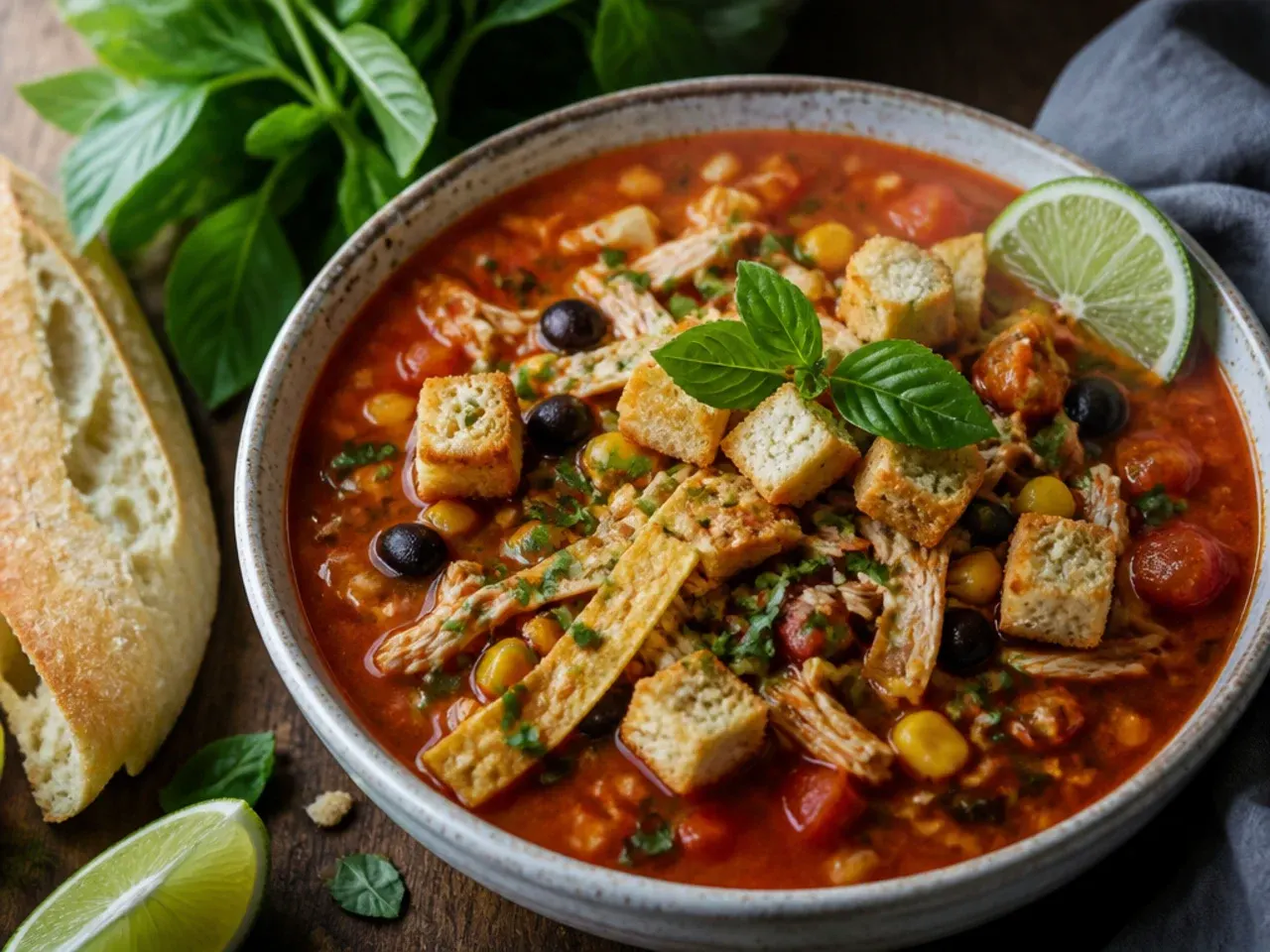 Crispy fried tortilla strips being sprinkled over the best-ever chicken tortilla soup