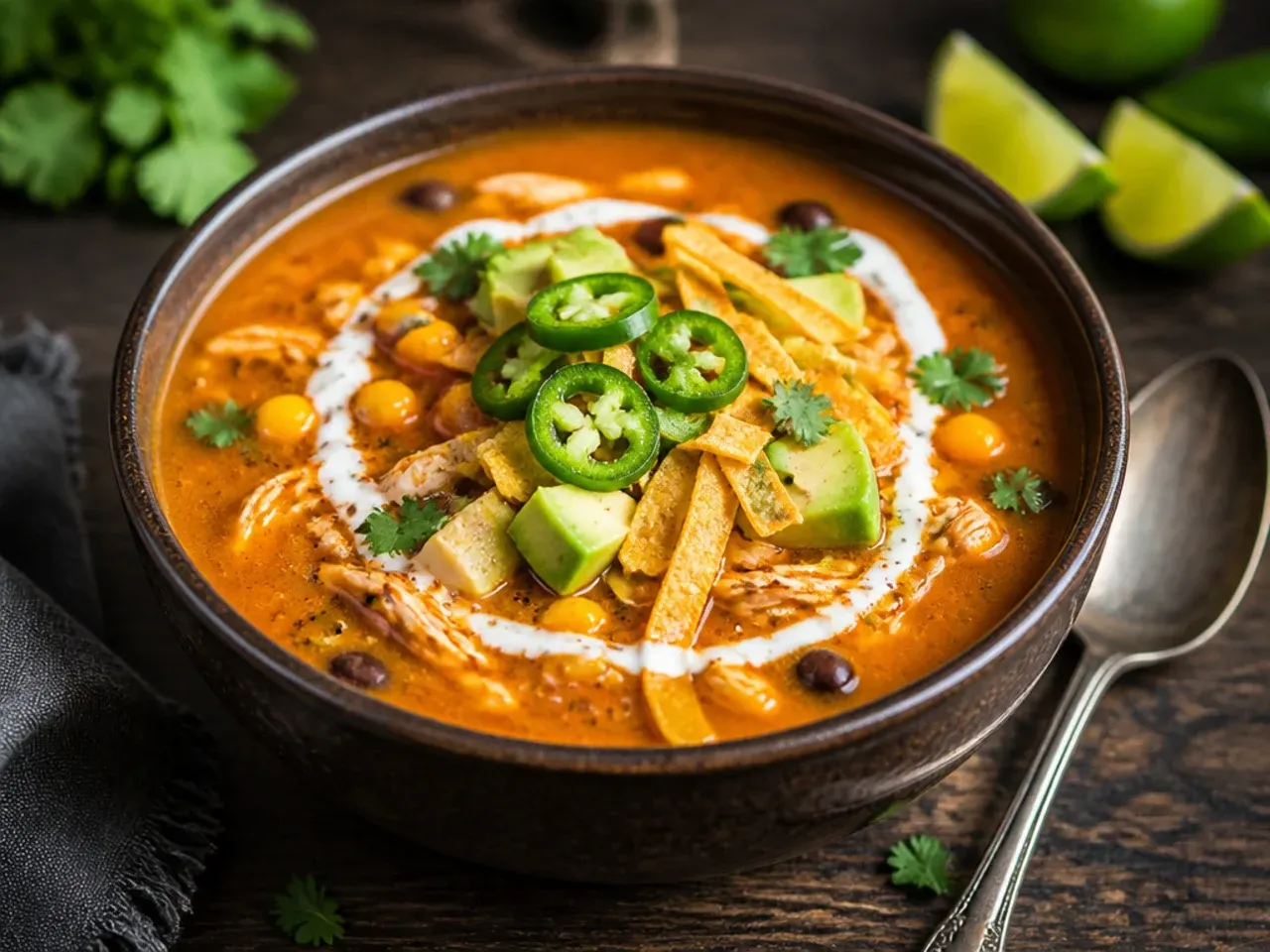 Sliced jalapeños and chipotle peppers on top of a spicy bowl of chicken tortilla soup