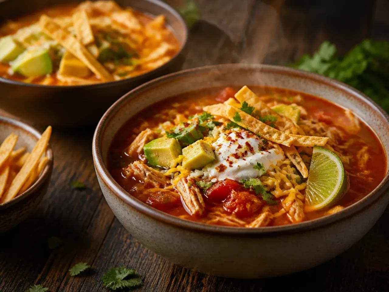 Low-carb chicken tortilla soup with cauliflower rice and a crushed pork rind topping