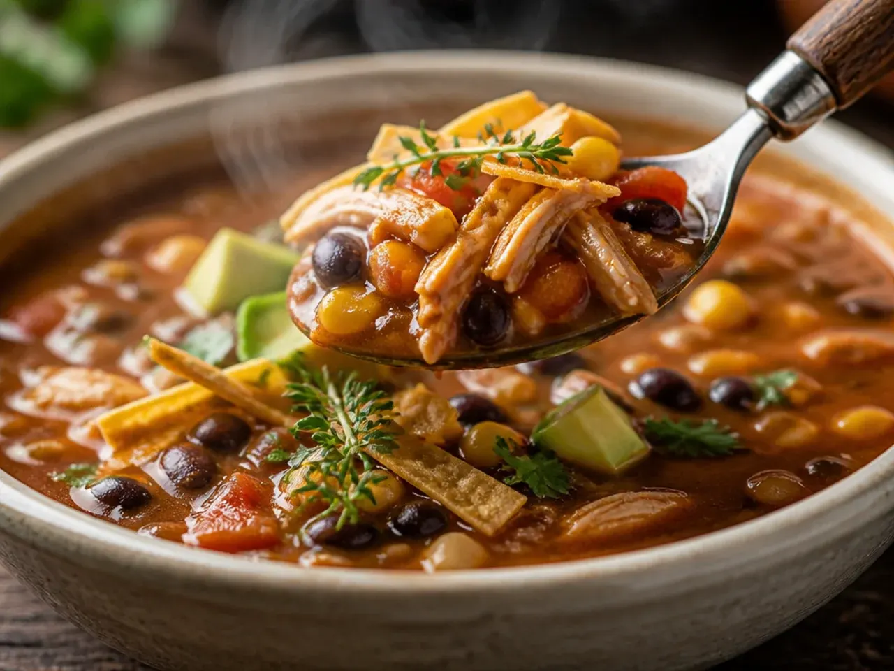 A smoky chipotle chicken tortilla soup with charred corn and coriander garnish