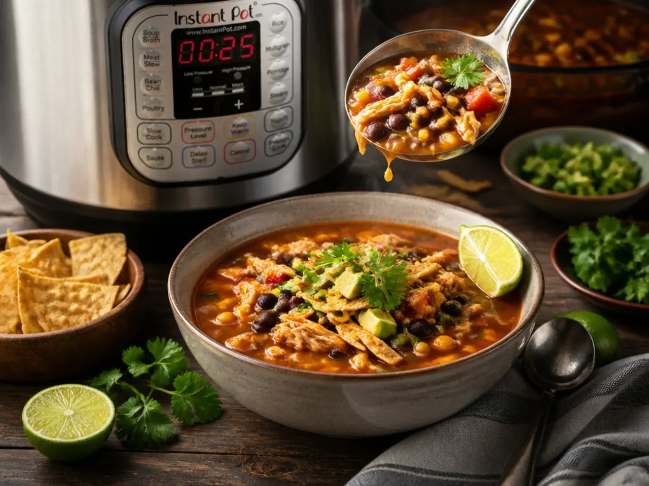 Restaurant-style chicken tortilla soup with crema drizzle and crumbled cotija cheese