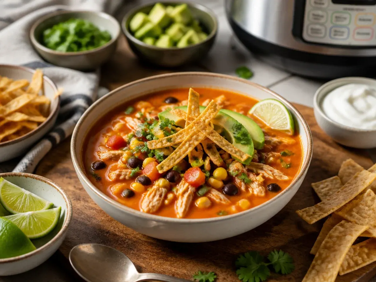 A table set with bowls of chicken tortilla soup, cornbread and a green salad