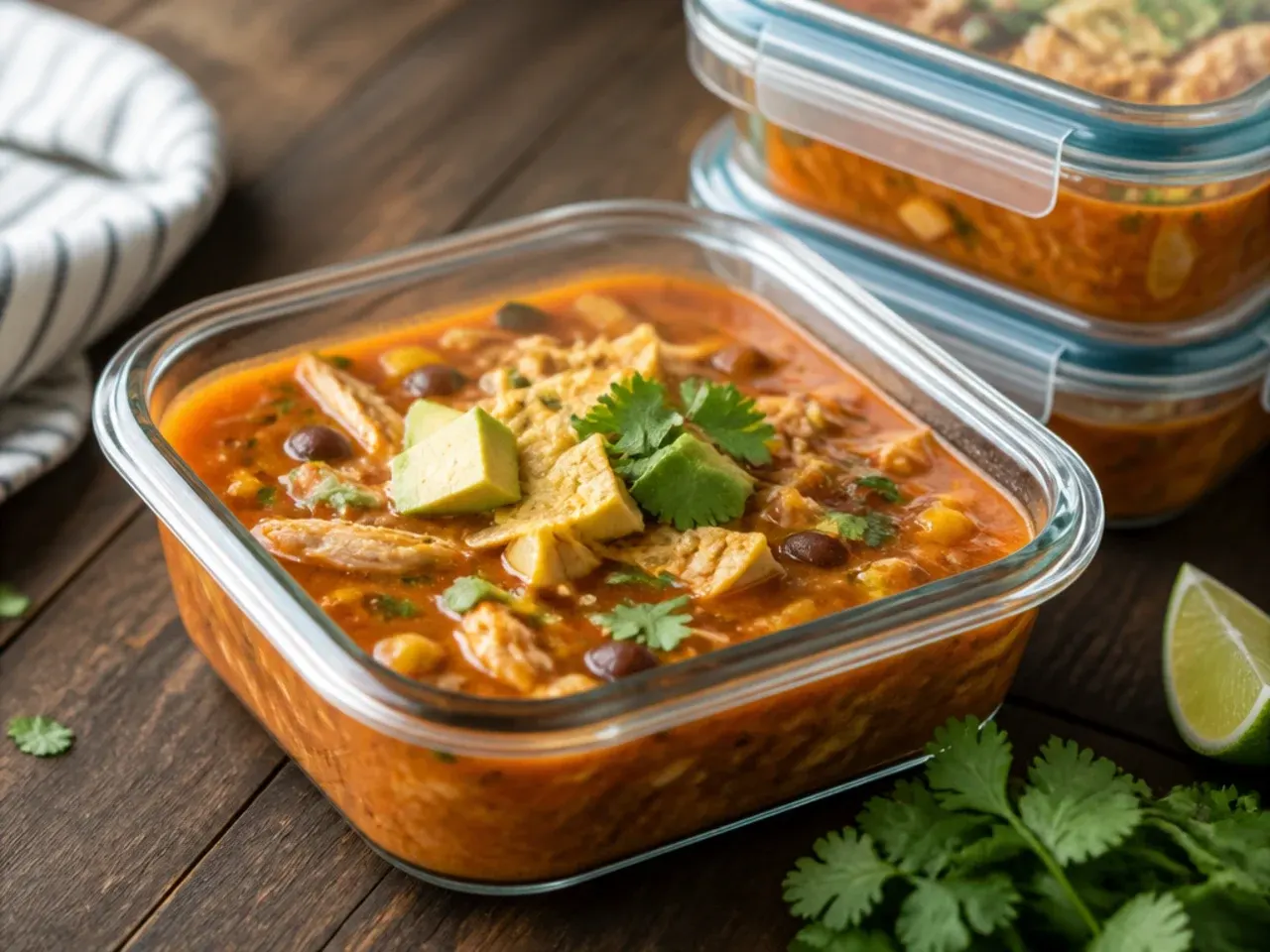 A container of leftover chicken tortilla soup being reheated in a pan on the stove