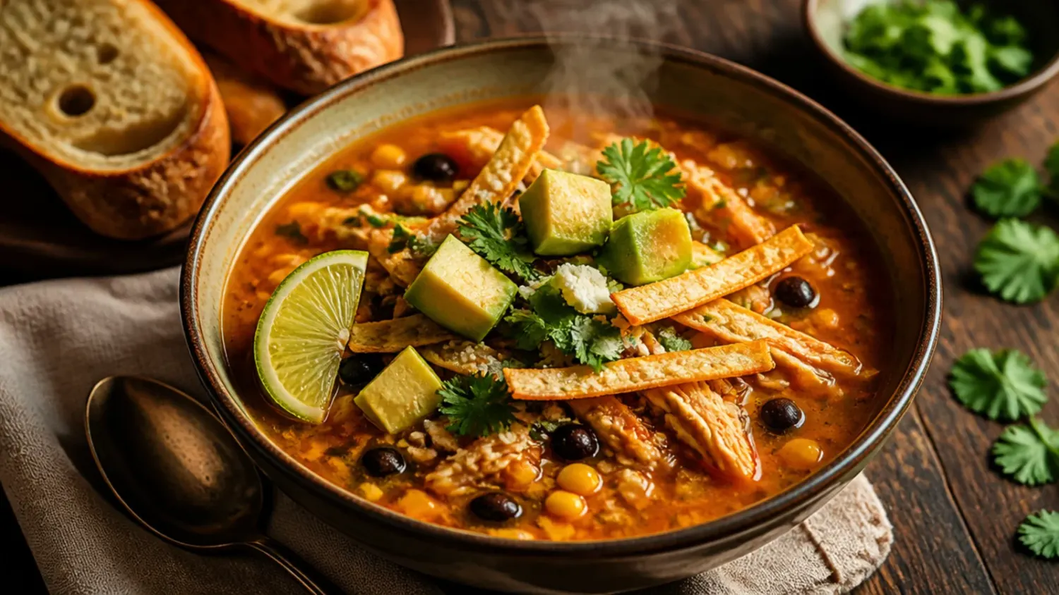 Overhead shot of a bowl of chicken tortilla soup topped with crispy tortilla strips, diced avocado, cotija cheese, cilantro and a lime wedge, with extra toppings scattered around the bowl.