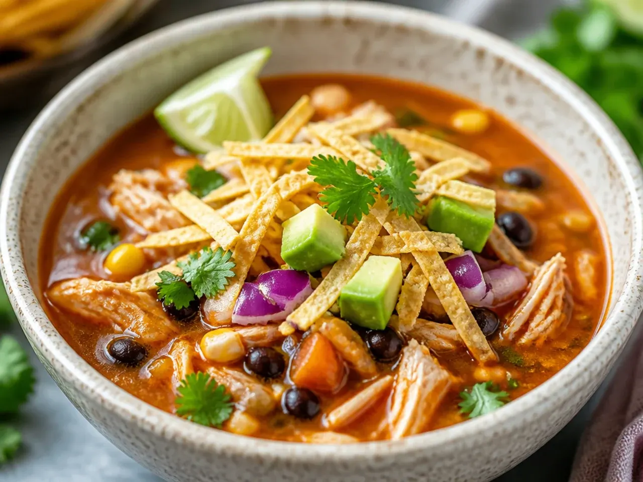 Steaming pot of chicken tortilla soup on the stove with shredded chicken, corn and black beans visible in the broth.