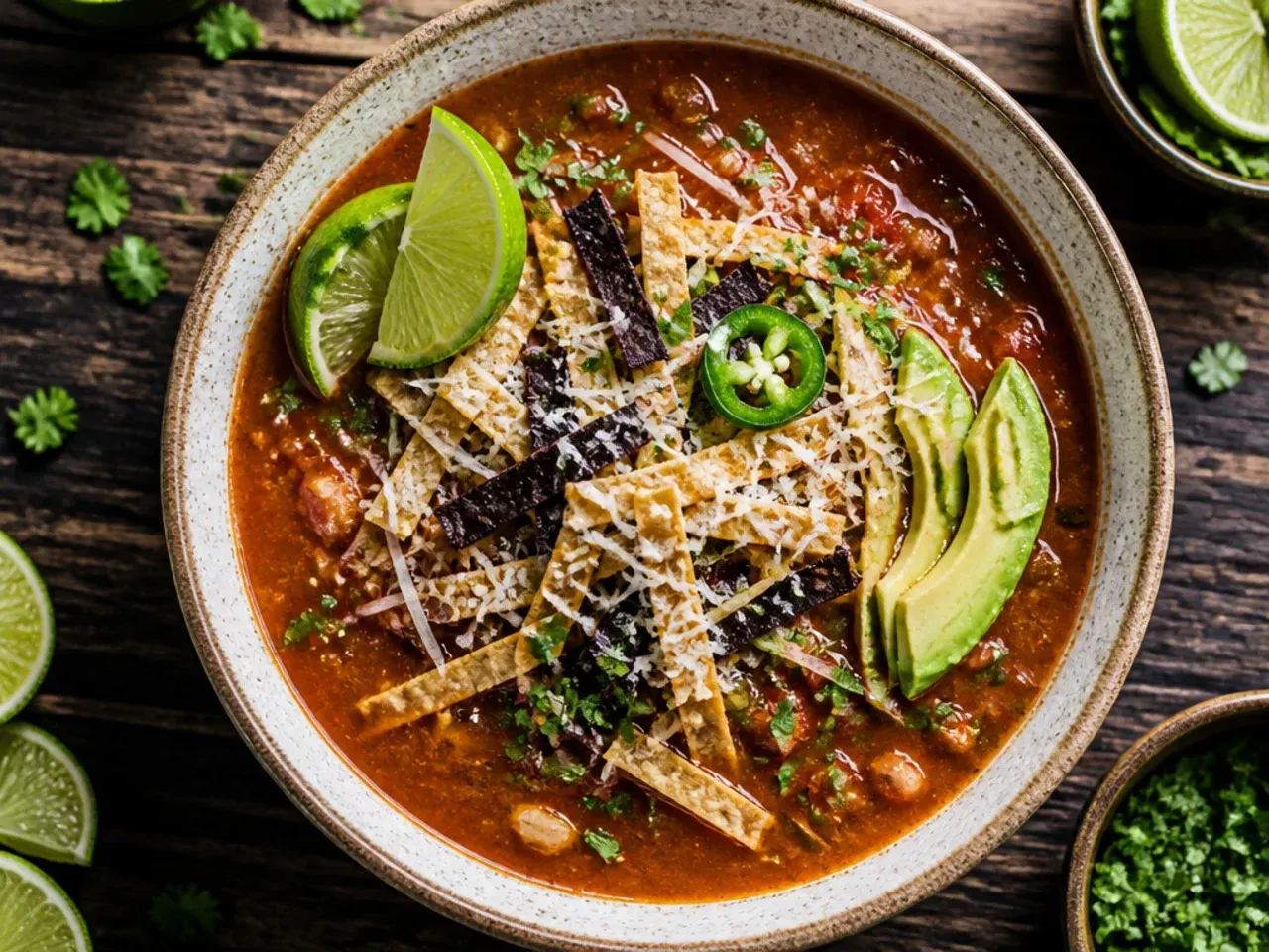 Bowl of classic chicken tortilla soup with poblano peppers, shredded chicken and crispy tortilla strips on top.